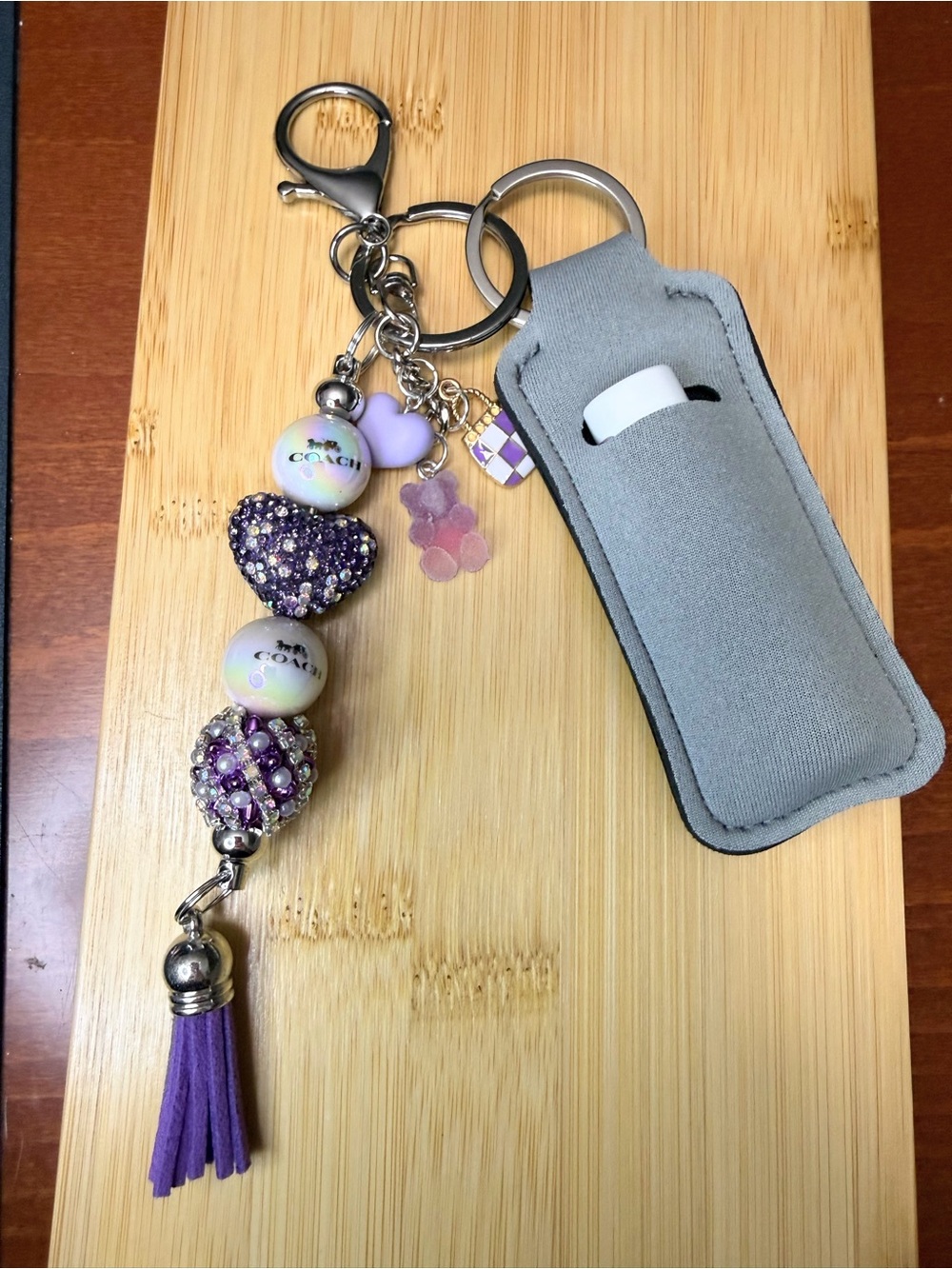 New Fashion Purple Beaded Key Chain with Charms and Lip Balm Case